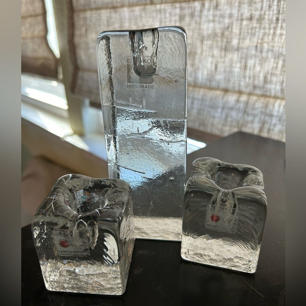 “Blenko” trio of candleholders. Tall is 6”, other is 2” tall. No chips, handmade
